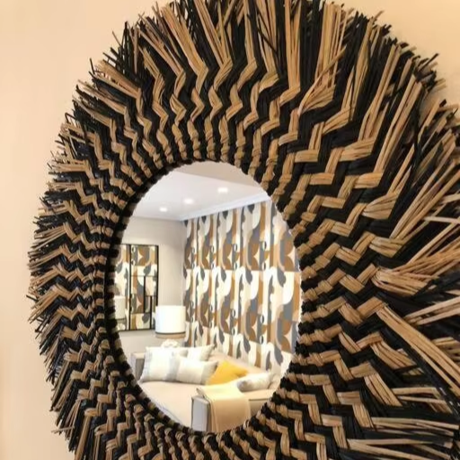 Round mirror made of 2-color woven seagrass, wall hanging, home decor, highly aesthetic home decoration accessories, wholesale. 4
