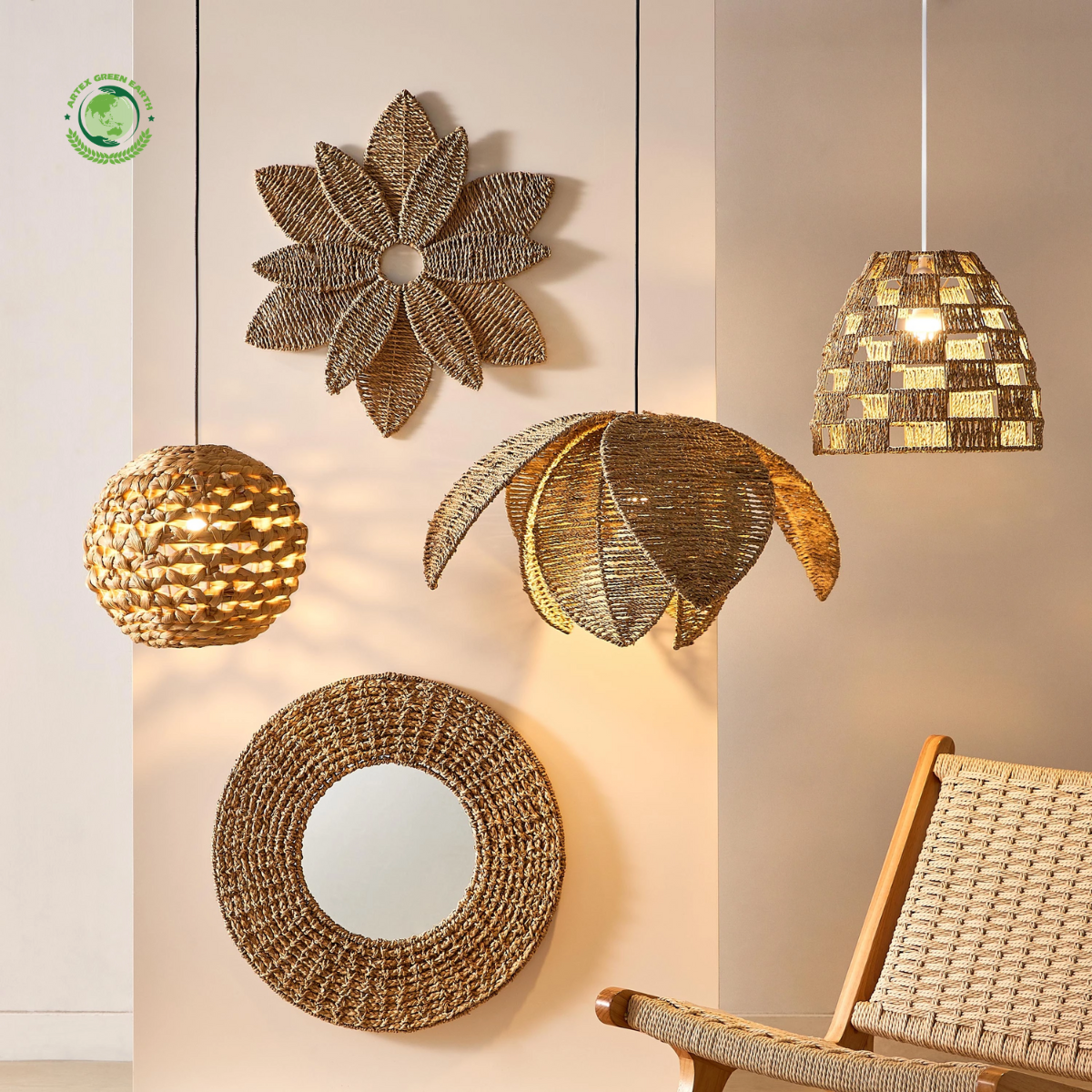 Round Water Hyacinth Lampshade, Lamps made from handmade materials, home decoration accessories, wholesale. 4