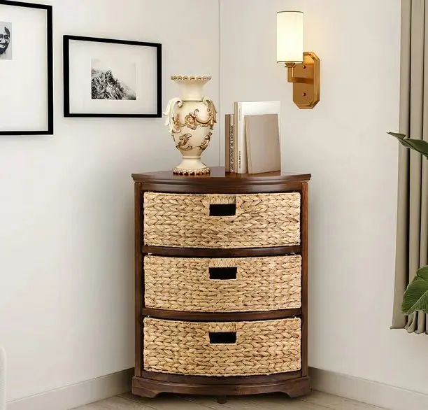 Side Corner Table Storage Cabinet rectangle Storage Cabinet Elegant Bamboo Wood Drawers Custom water hyacinth Storage Cabinet 4