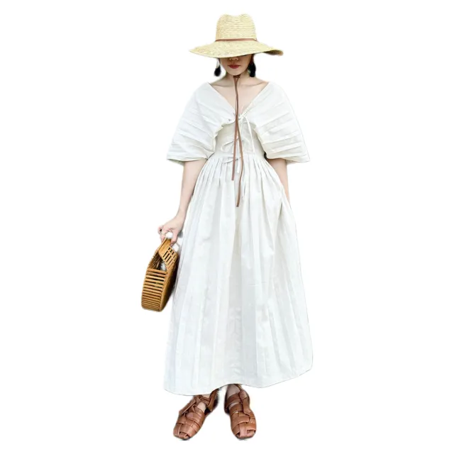 Wholesale Dress For Women New Styles Good Price 100% Linen Pleated Maxi Linen Dress V-Neck Dress For Ladies From Vietnam Manufacturer 6