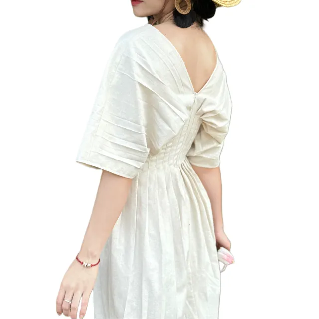 Wholesale Dress For Women New Styles Good Price 100% Linen Pleated Maxi Linen Dress V-Neck Dress For Ladies From Vietnam Manufacturer 7