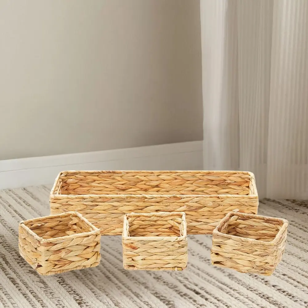 Water Hyacinth Baskets Set 3 Woven Square & Rectangle Basket for Storage Organizing Decorative Handmade Wicker Basket 1