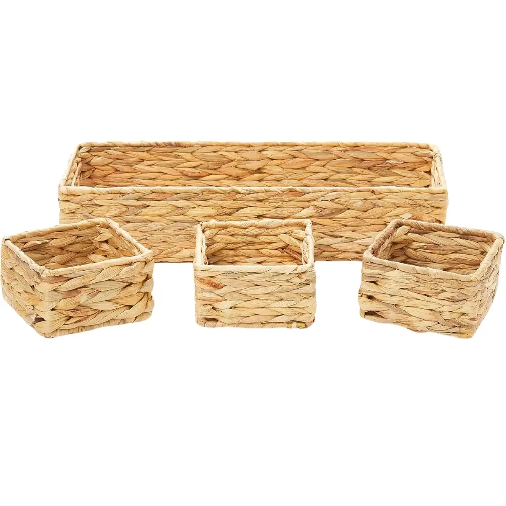 Water Hyacinth Baskets Set 3 Woven Square & Rectangle Basket for Storage Organizing Decorative Handmade Wicker Basket 4