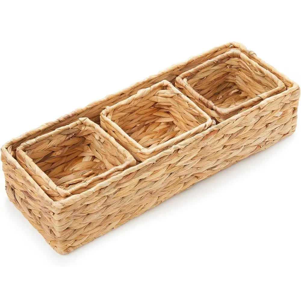 Water Hyacinth Baskets Set 3 Woven Square & Rectangle Basket for Storage Organizing Decorative Handmade Wicker Basket 2