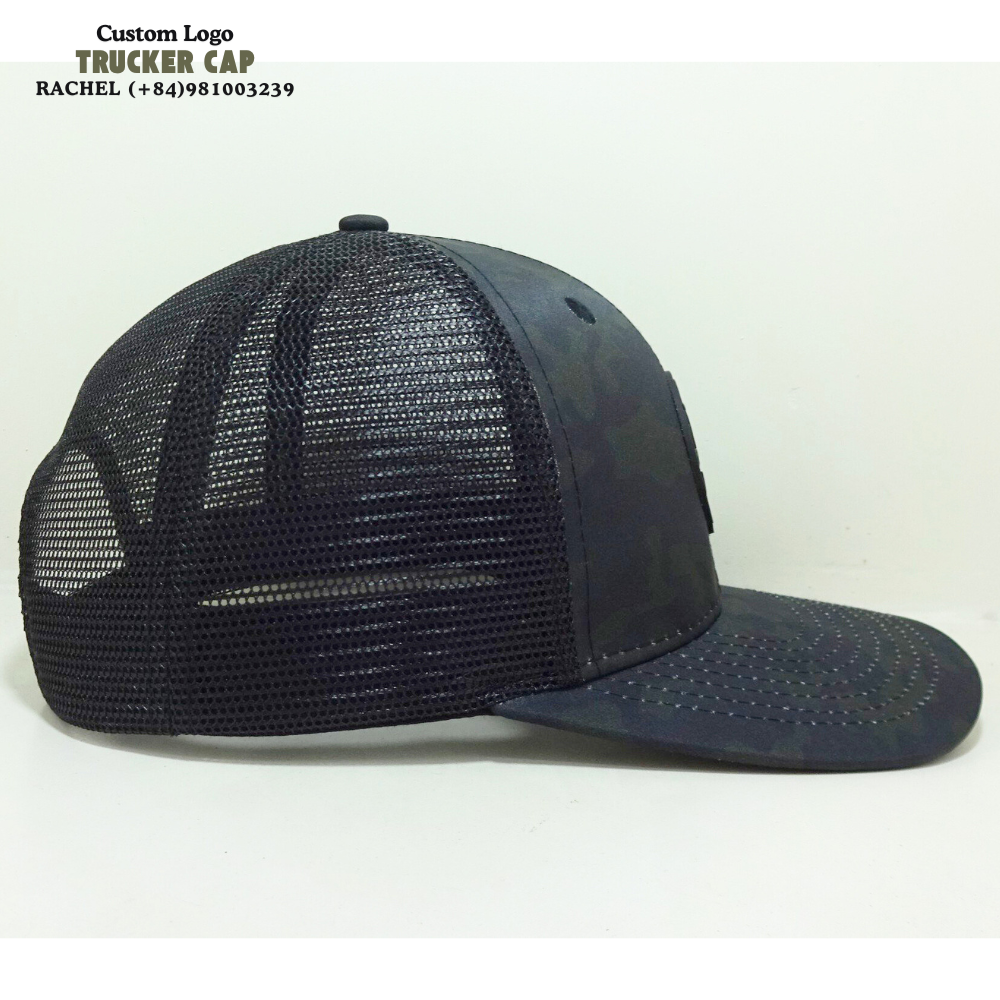 Rubber Logo Patch Camouflage Trucker Hats 6 Panel Gorras Slightly Curved Brim Structured Caps Solid Color Black Messh Snapback 4