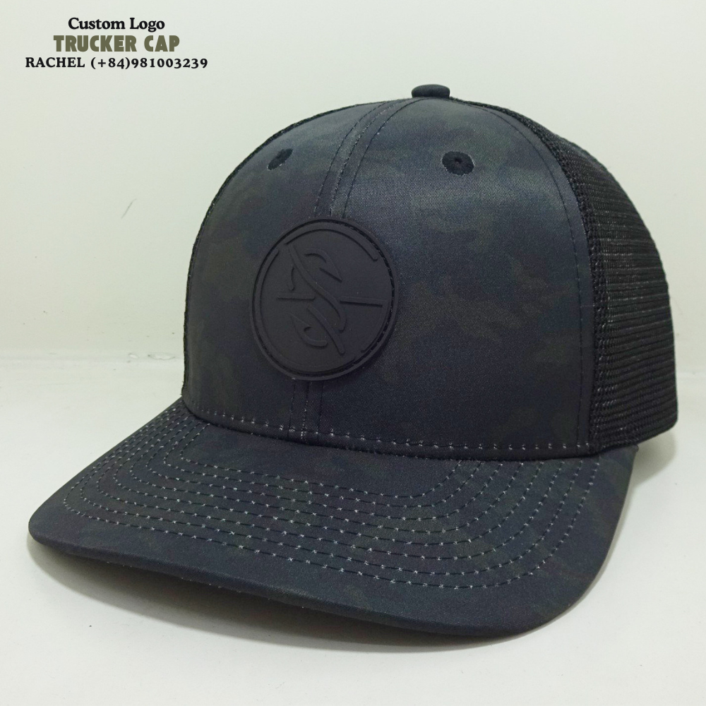 Rubber Logo Patch Camouflage Trucker Hats 6 Panel Gorras Slightly Curved Brim Structured Caps Solid Color Black Messh Snapback 2