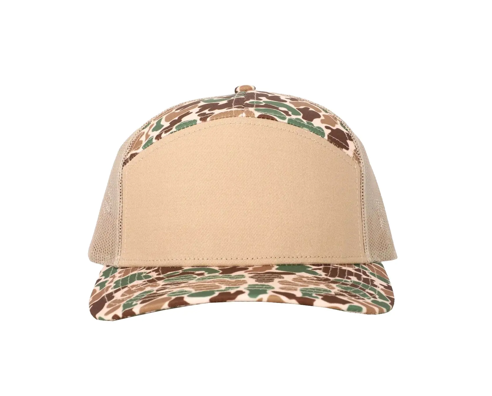 Sandy Tan/ Camo 7 Panels Custom Logo Wholesale Products Trucker Hat High Quality Sports Cap Dad Hat Adjustable Size Trucker Hat 1