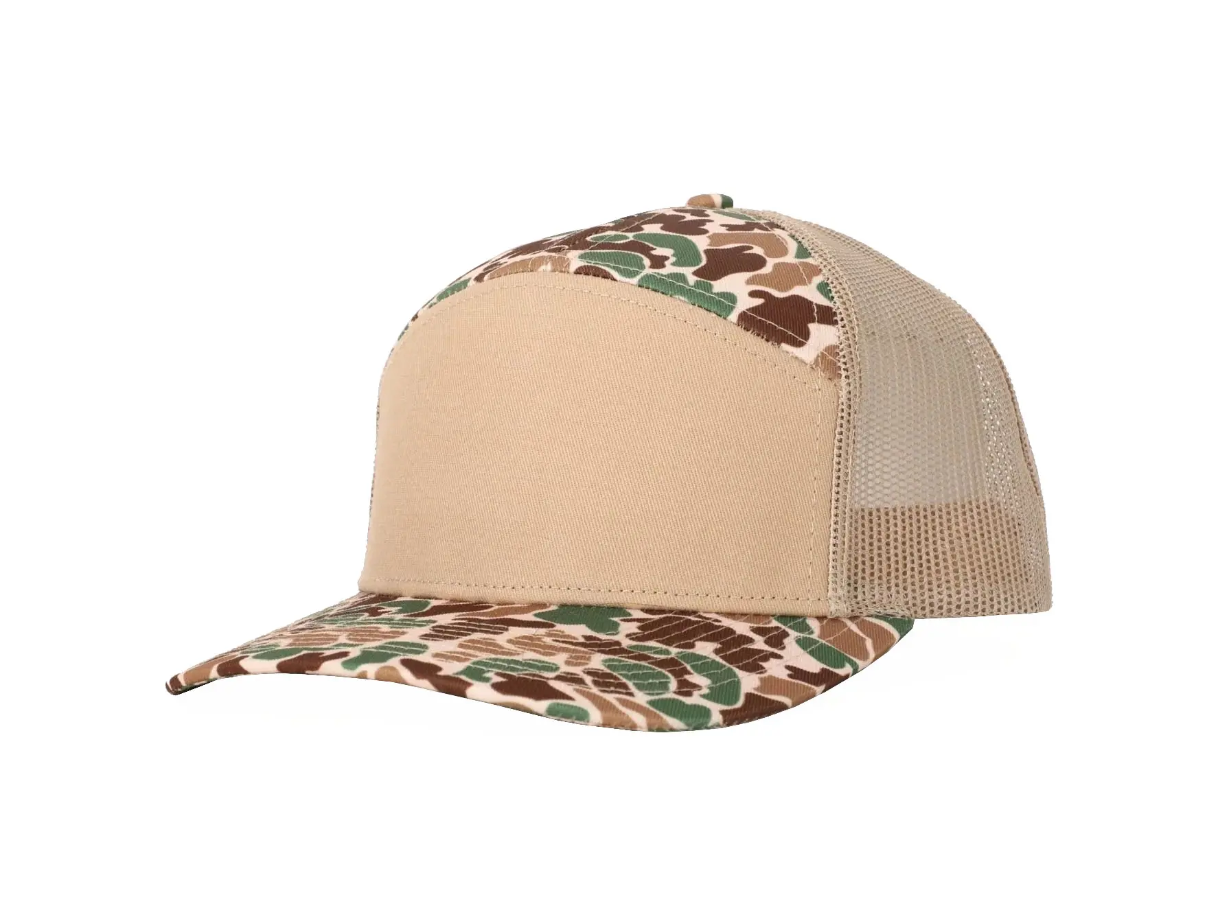 Sandy Tan/ Camo 7 Panels Custom Logo Wholesale Products Trucker Hat High Quality Sports Cap Dad Hat Adjustable Size Trucker Hat 2