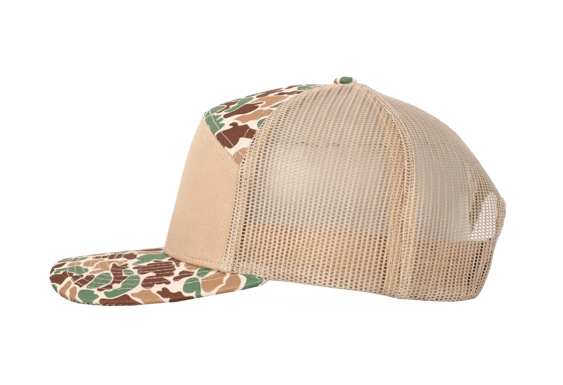 Sandy Tan/ Camo 7 Panels Custom Logo Wholesale Products Trucker Hat High Quality Sports Cap Dad Hat Adjustable Size Trucker Hat 3