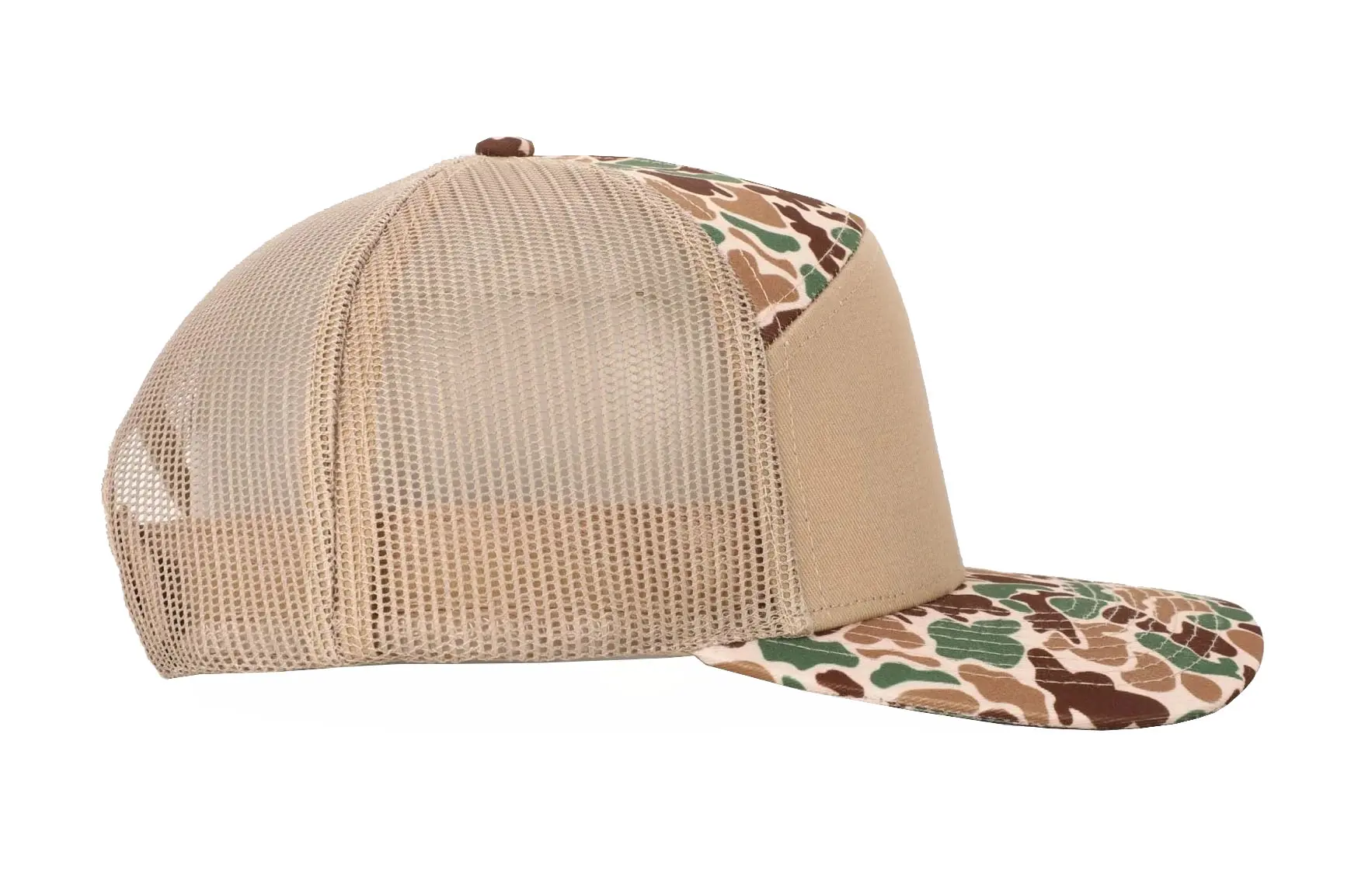 Sandy Tan/ Camo 7 Panels Custom Logo Wholesale Products Trucker Hat High Quality Sports Cap Dad Hat Adjustable Size Trucker Hat 4