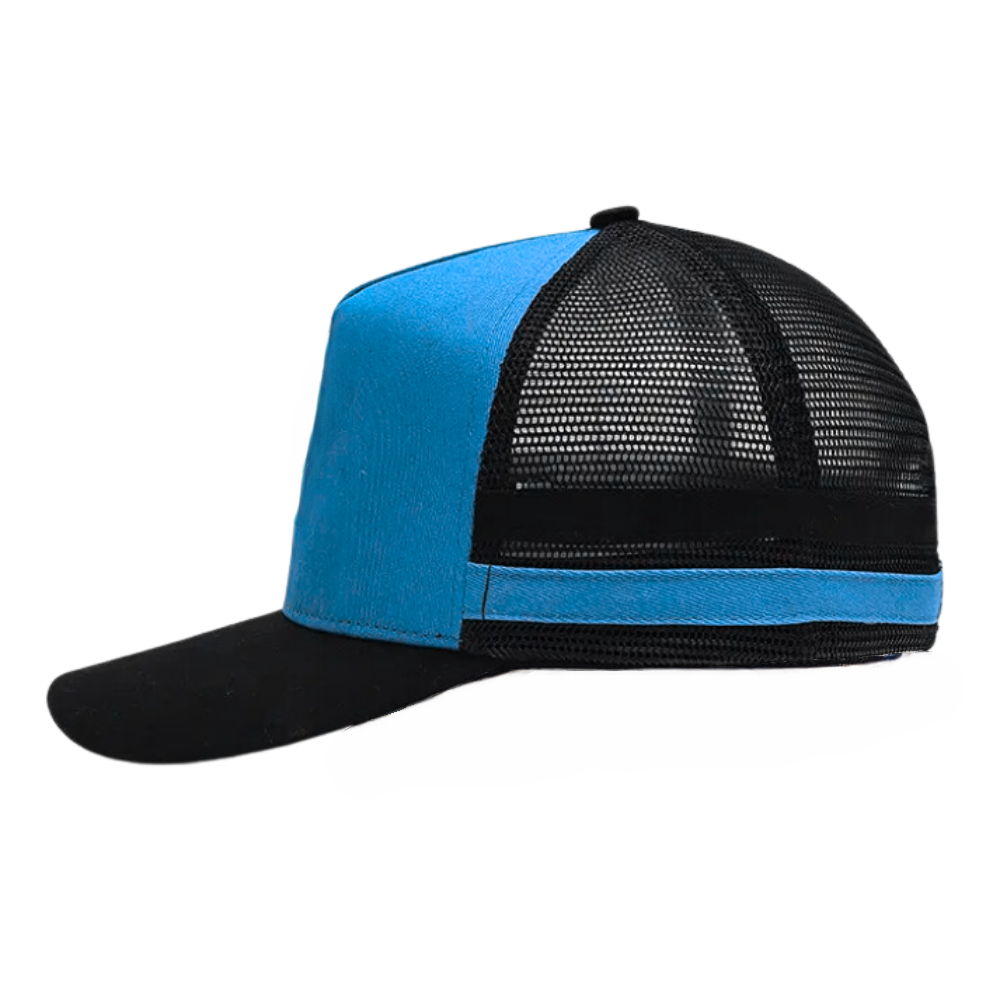 Side Stripe Caps 5 Panel Blue/Black Embroidered Sporty Logo on Front Breathable Mesh Plastic Single Row Buckle Slightly Brim OEM 4