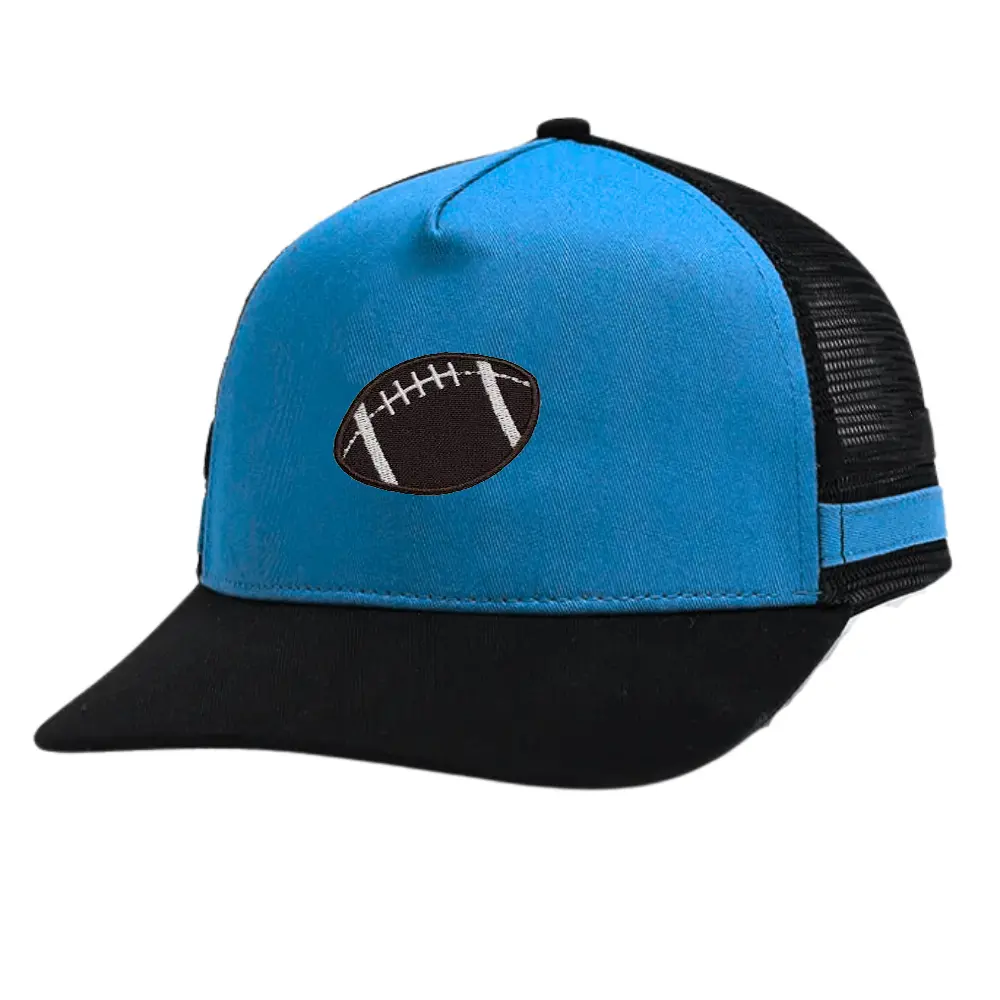 Side Stripe Caps 5 Panel Blue/Black Embroidered Sporty Logo on Front Breathable Mesh Plastic Single Row Buckle Slightly Brim OEM 3