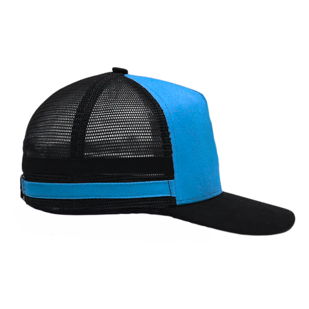 Side Stripe Caps 5 Panel Blue/Black Embroidered Sporty Logo on Front Breathable Mesh Plastic Single Row Buckle Slightly Brim OEM 5
