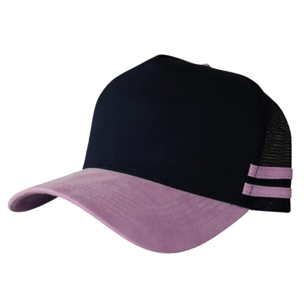 Side Stripes Trucker Hat 5 Panel Embroidery Logo Patch Beige/Pink Black Snapback Single Row Buckle Australian Styles Unisex OEM 7