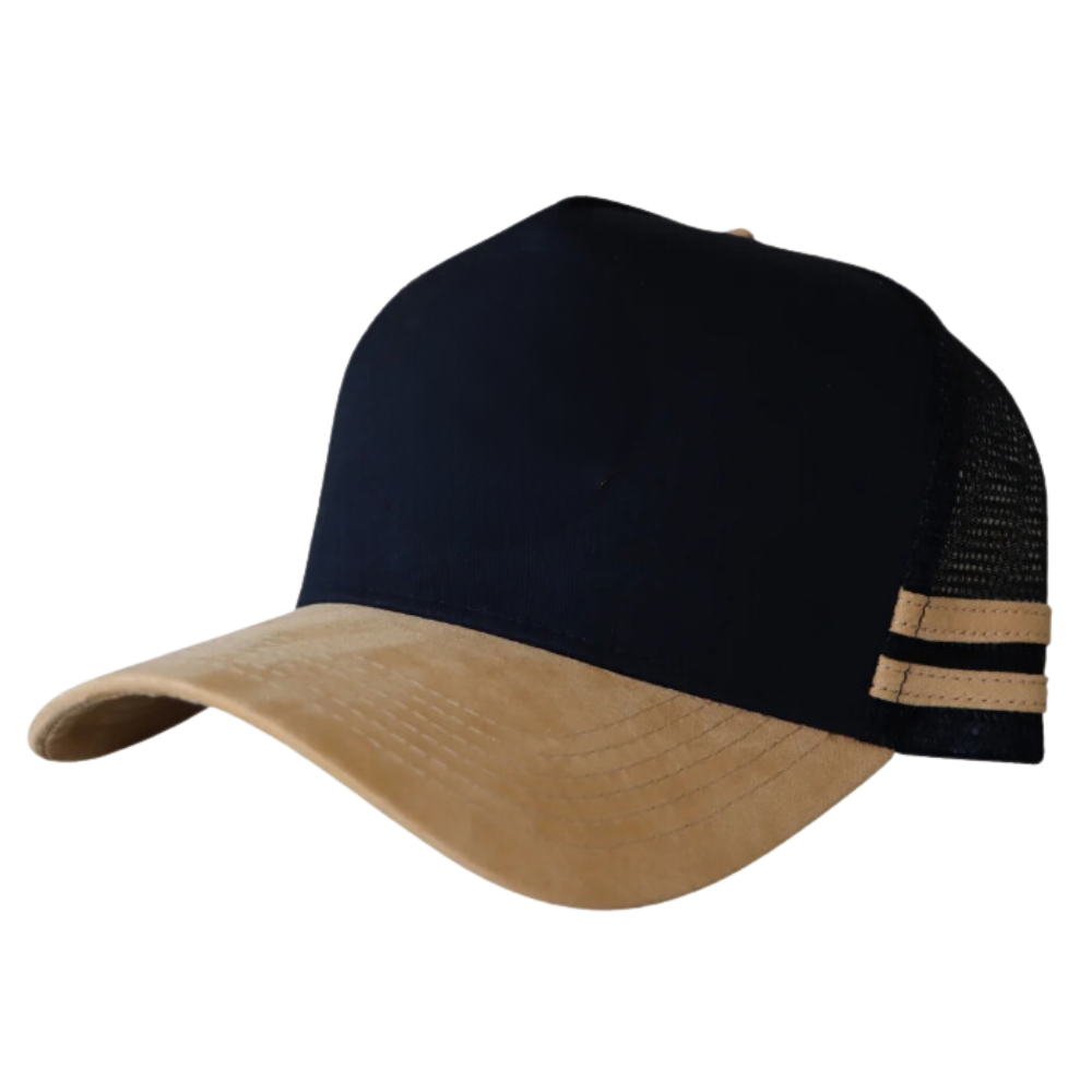 Side Stripes Trucker Hat 5 Panel Embroidery Logo Patch Beige/Pink Black Snapback Single Row Buckle Australian Styles Unisex OEM 4