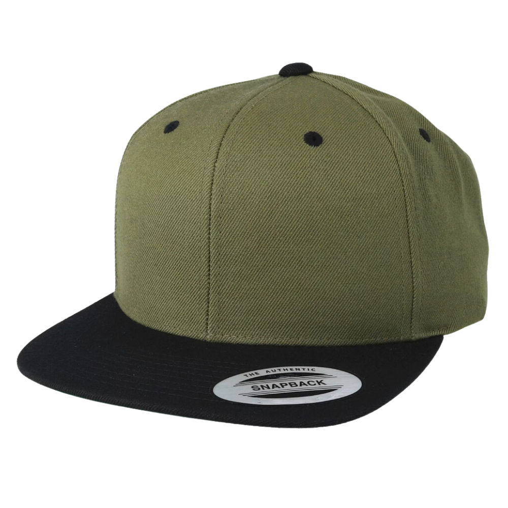 Snapback Classic Hat Structured 6 Panel Flat Brim Embroidered/Woven Logo on Front and Left Side Label and Tag Inside Olive/Black 4