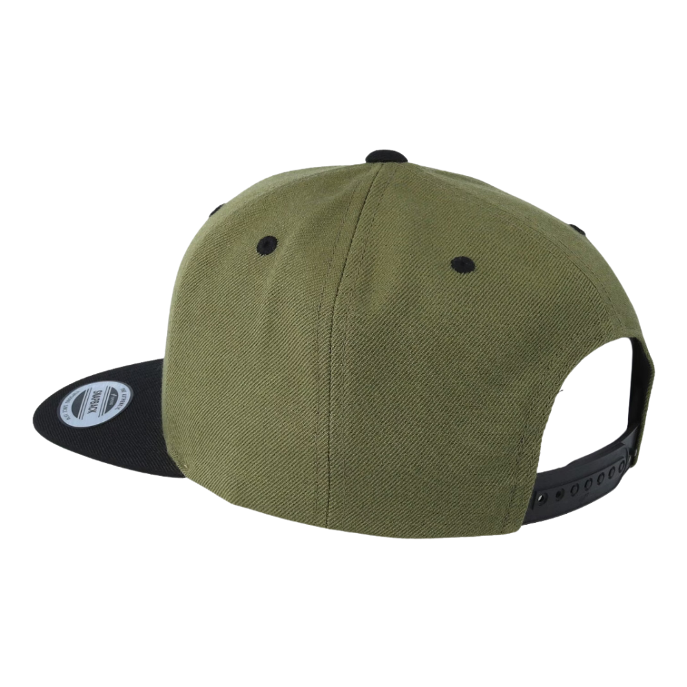 Snapback Classic Hat Structured 6 Panel Flat Brim Embroidered/Woven Logo on Front and Left Side Label and Tag Inside Olive/Black 5
