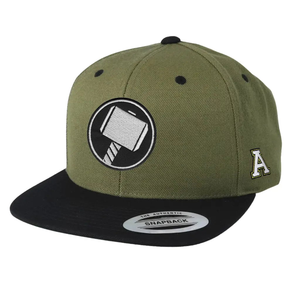 Snapback Classic Hat Structured 6 Panel Flat Brim Embroidered/Woven Logo on Front and Left Side Label and Tag Inside Olive/Black