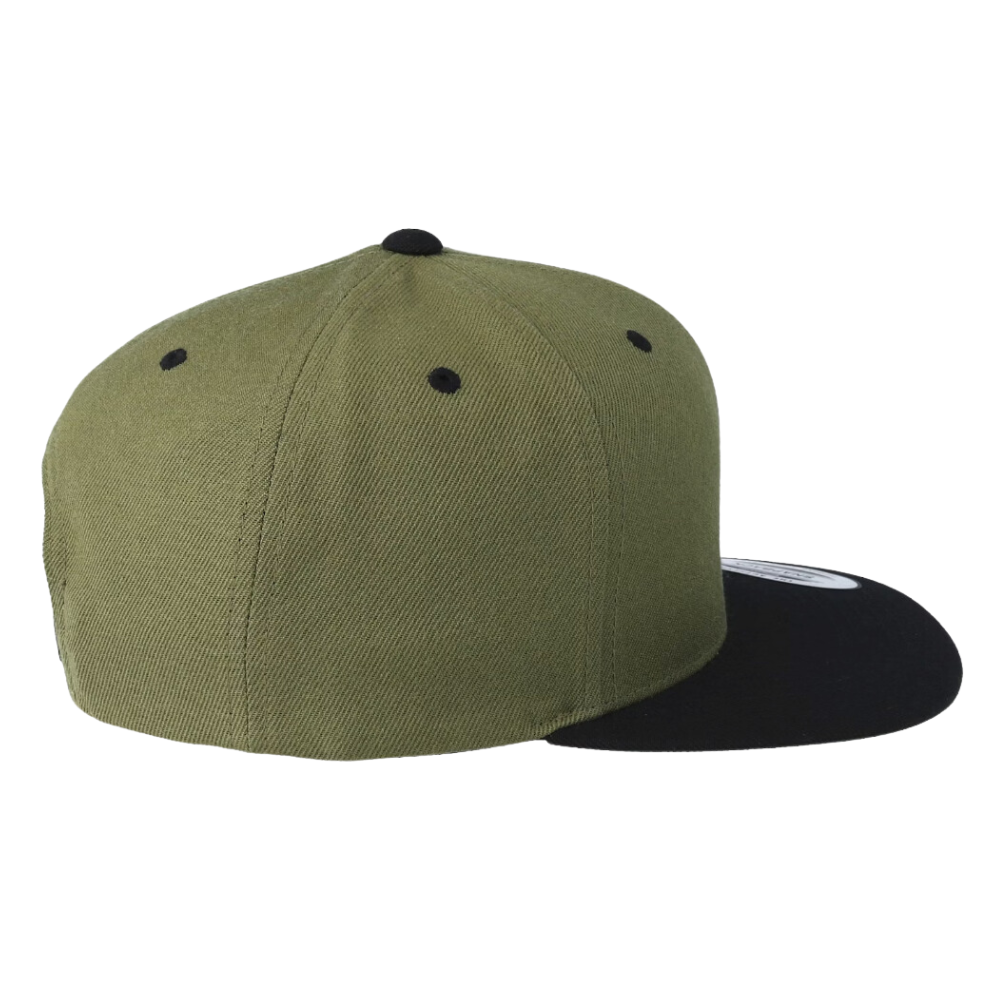 Snapback Classic Hat Structured 6 Panel Flat Brim Embroidered/Woven Logo on Front and Left Side Label and Tag Inside Olive/Black 3