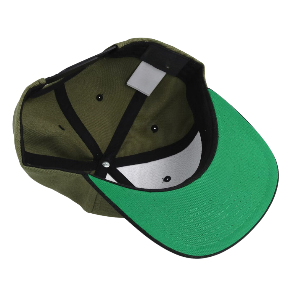 Snapback Classic Hat Structured 6 Panel Flat Brim Embroidered/Woven Logo on Front and Left Side Label and Tag Inside Olive/Black 2