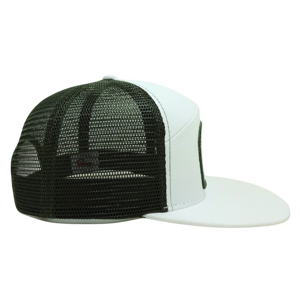 Snapback Trucker Hat 7 Panel Woven Patch Front Side White/Black Mesh Flat Brim Breathable Adjustable Plastic Single Row Buckle 5