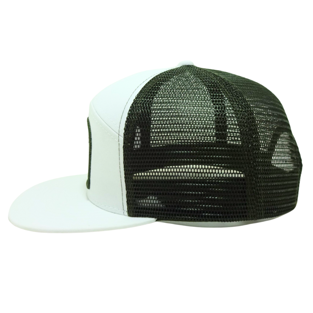 Snapback Trucker Hat 7 Panel Woven Patch Front Side White/Black Mesh Flat Brim Breathable Adjustable Plastic Single Row Buckle 4