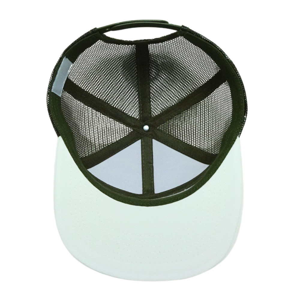 Snapback Trucker Hat 7 Panel Woven Patch Front Side White/Black Mesh Flat Brim Breathable Adjustable Plastic Single Row Buckle 6
