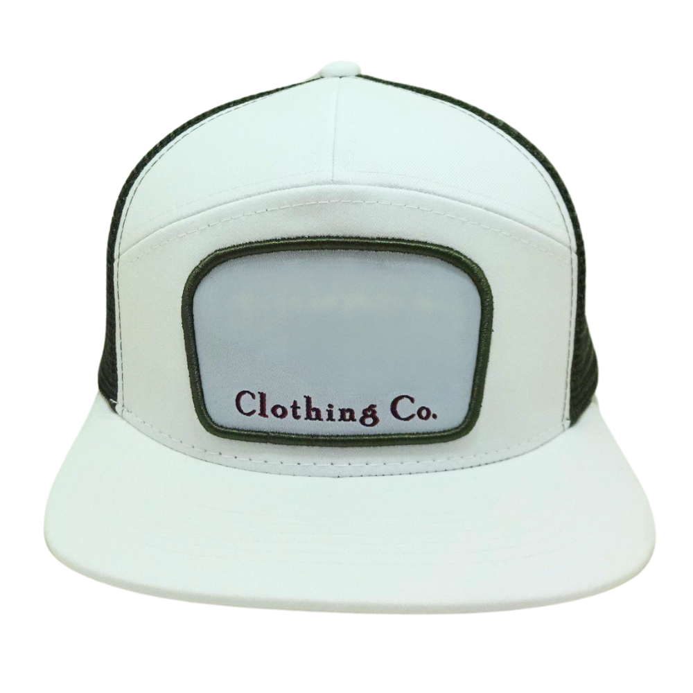 Snapback Trucker Hat 7 Panel Woven Patch Front Side White/Black Mesh Flat Brim Breathable Adjustable Plastic Single Row Buckle 2