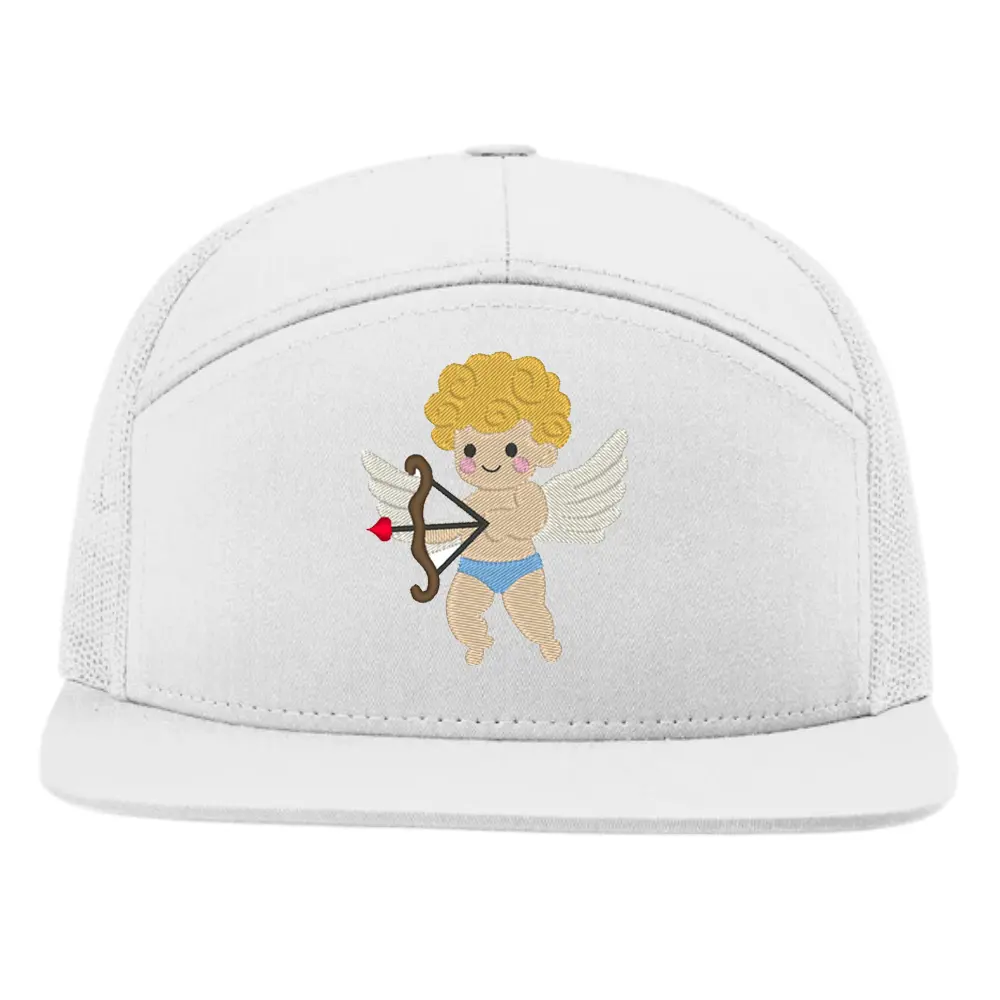 Special Design Cupid Embroidery 7 Panel Trucker Hat Red and White for Valentine Breathable Mesh Adjustable Single Row Buckle OEM 5