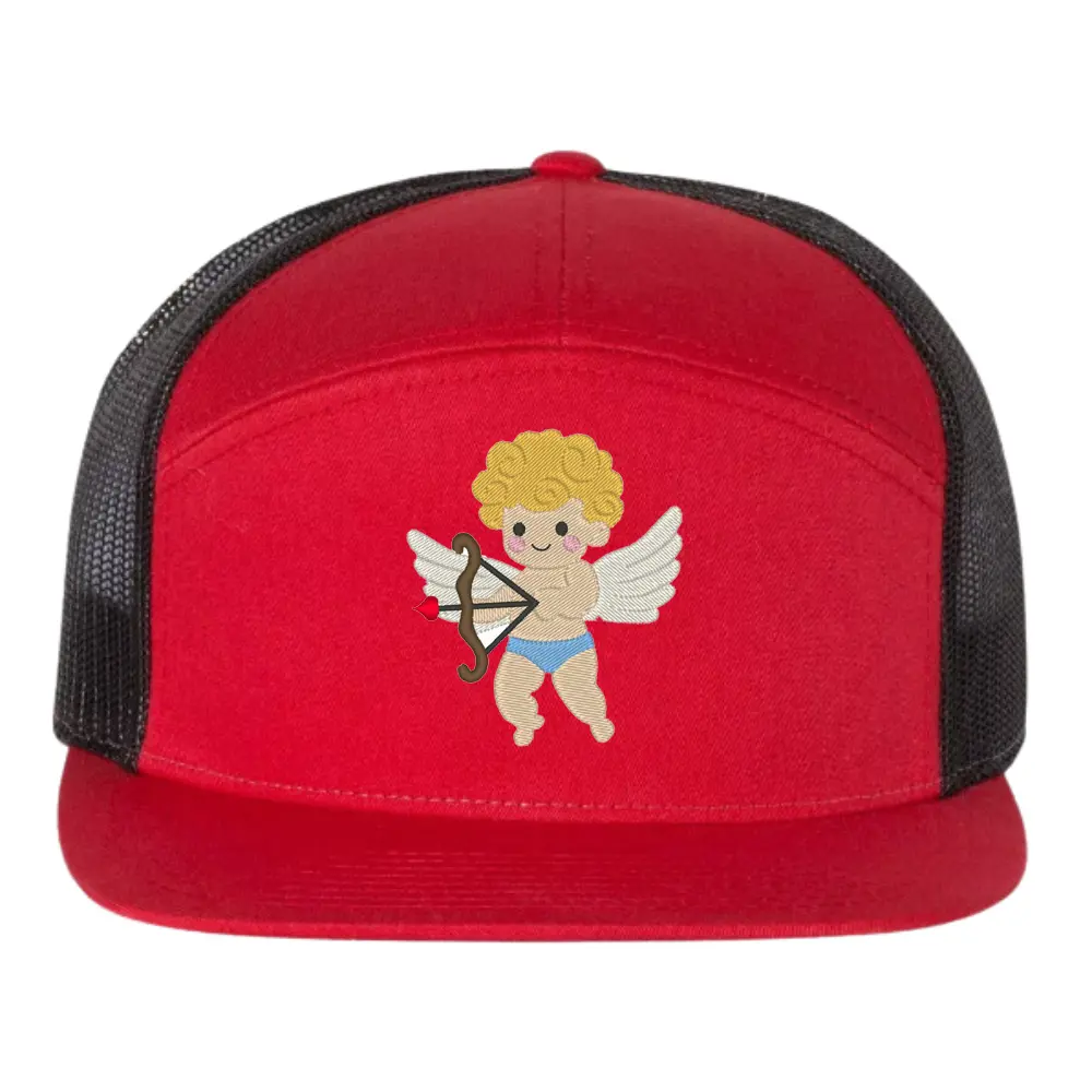 Special Design Cupid Embroidery 7 Panel Trucker Hat Red and White for Valentine Breathable Mesh Adjustable Single Row Buckle OEM 2