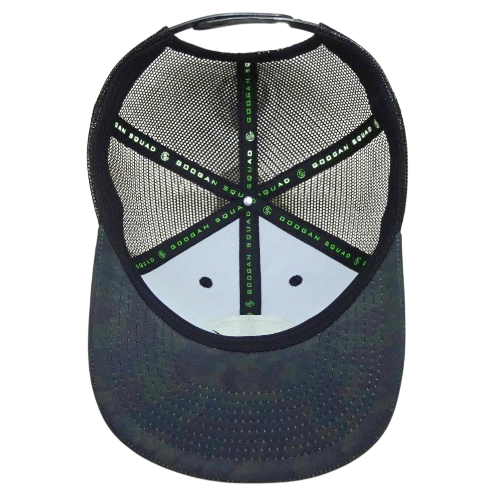 Specially Camo Trucker Rubber Logo Patch Hat 6 Panel Structured Flat Brim With Contrast Stitching Thread Inner Printed Seam Tape 6