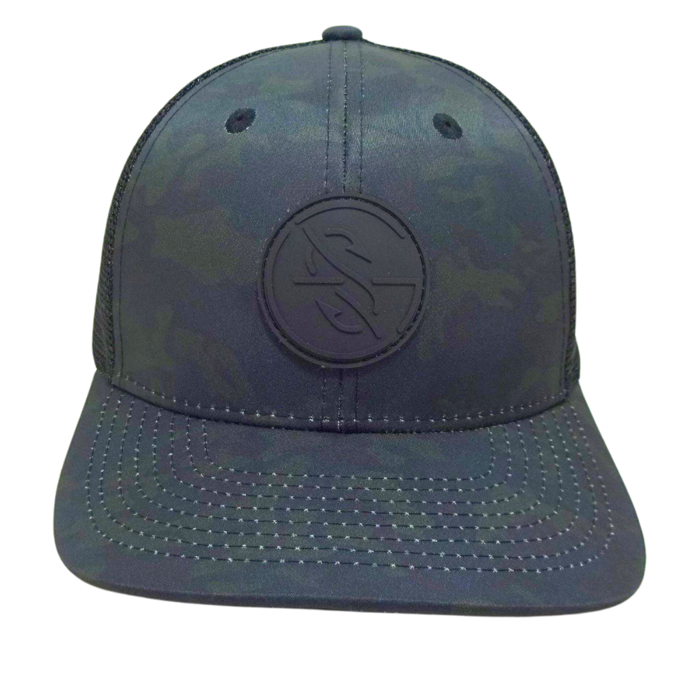 Specially Camo Trucker Rubber Logo Patch Hat 6 Panel Structured Flat Brim With Contrast Stitching Thread Inner Printed Seam Tape 2