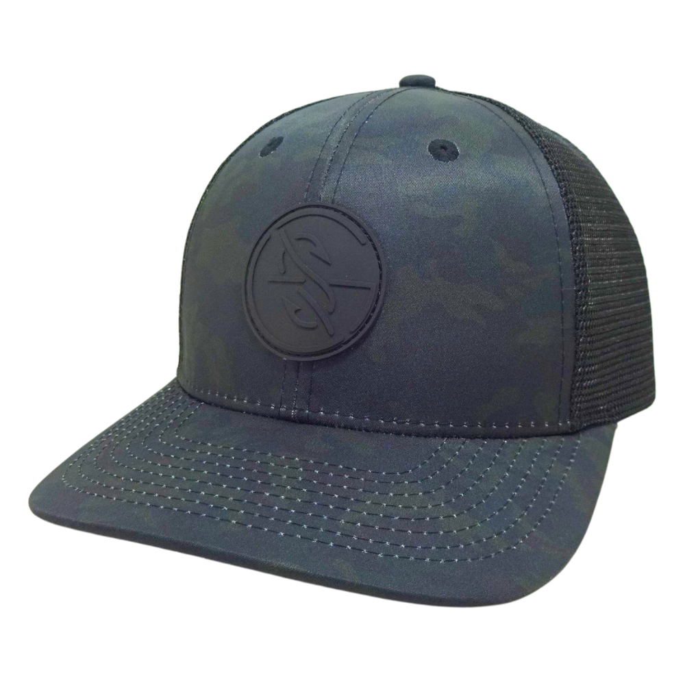 Specially Camo Trucker Rubber Logo Patch Hat 6 Panel Structured Flat Brim With Contrast Stitching Thread Inner Printed Seam Tape 3