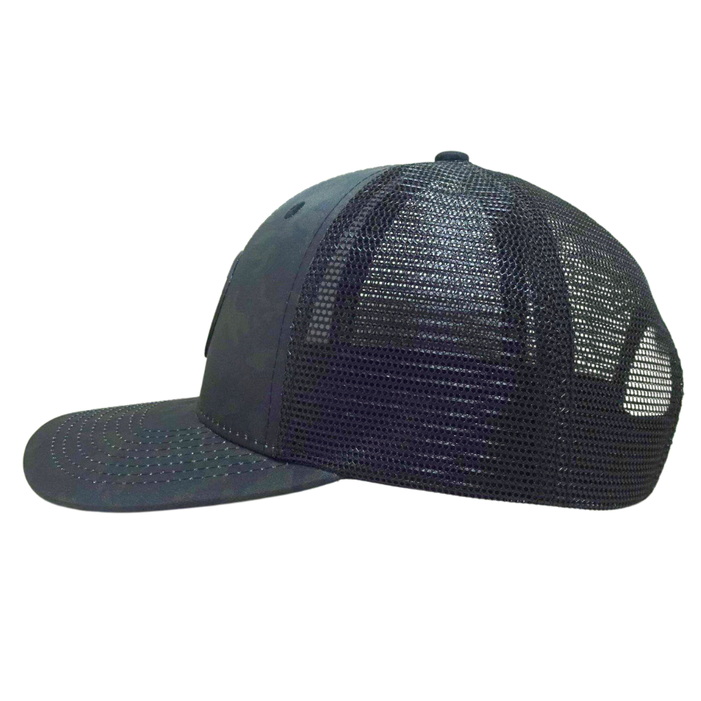 Specially Camo Trucker Rubber Logo Patch Hat 6 Panel Structured Flat Brim With Contrast Stitching Thread Inner Printed Seam Tape 4