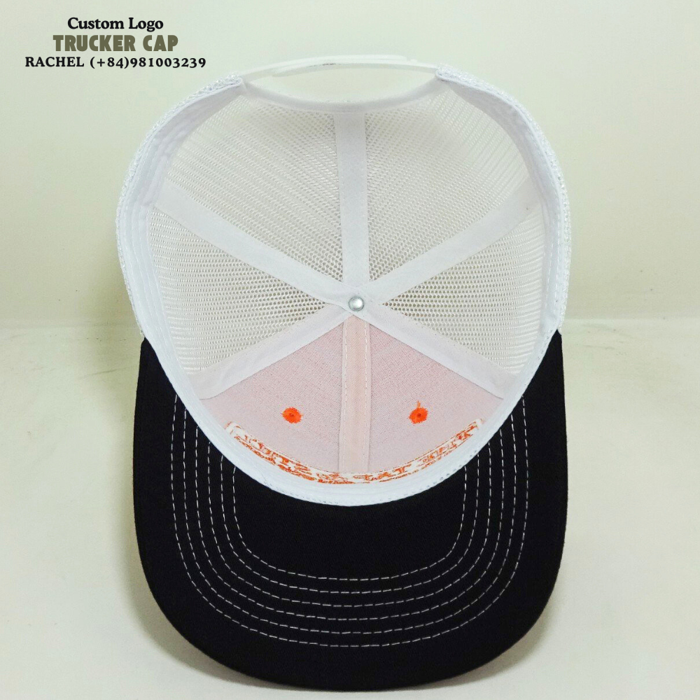 Structured 6 Panel Trucker Hats Embroidered Logo Patches Stitching Lines on Brim Orange/Black Adjustable Snapback Closure Unisex 5