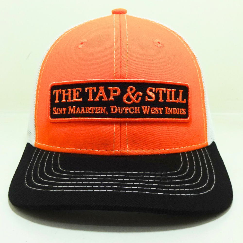 Structured 6 Panel Trucker Hats Embroidered Logo Patches Stitching Lines on Brim Orange/Black Adjustable Snapback Closure Unisex 1
