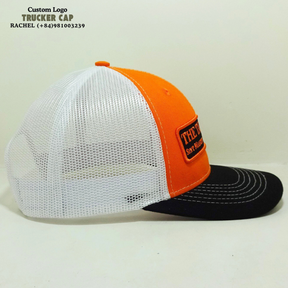 Structured 6 Panel Trucker Hats Embroidered Logo Patches Stitching Lines on Brim Orange/Black Adjustable Snapback Closure Unisex 4