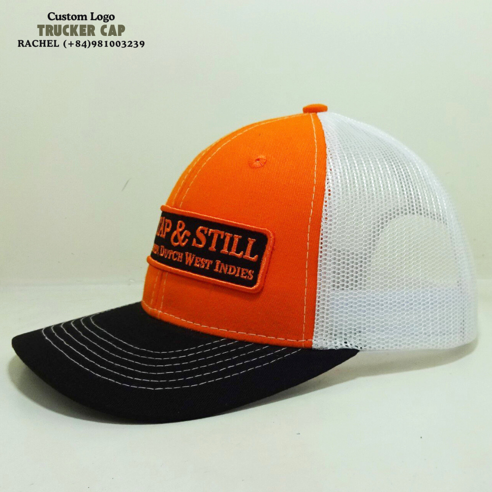 Structured 6 Panel Trucker Hats Embroidered Logo Patches Stitching Lines on Brim Orange/Black Adjustable Snapback Closure Unisex 2