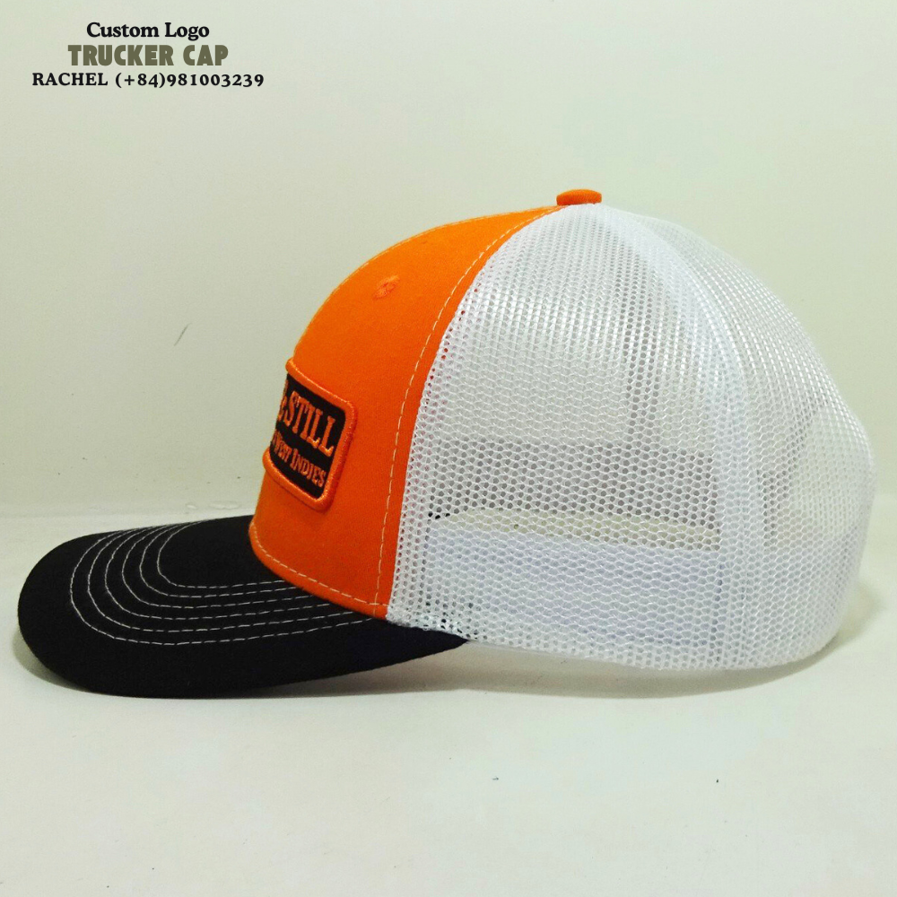 Structured 6 Panel Trucker Hats Embroidered Logo Patches Stitching Lines on Brim Orange/Black Adjustable Snapback Closure Unisex 3