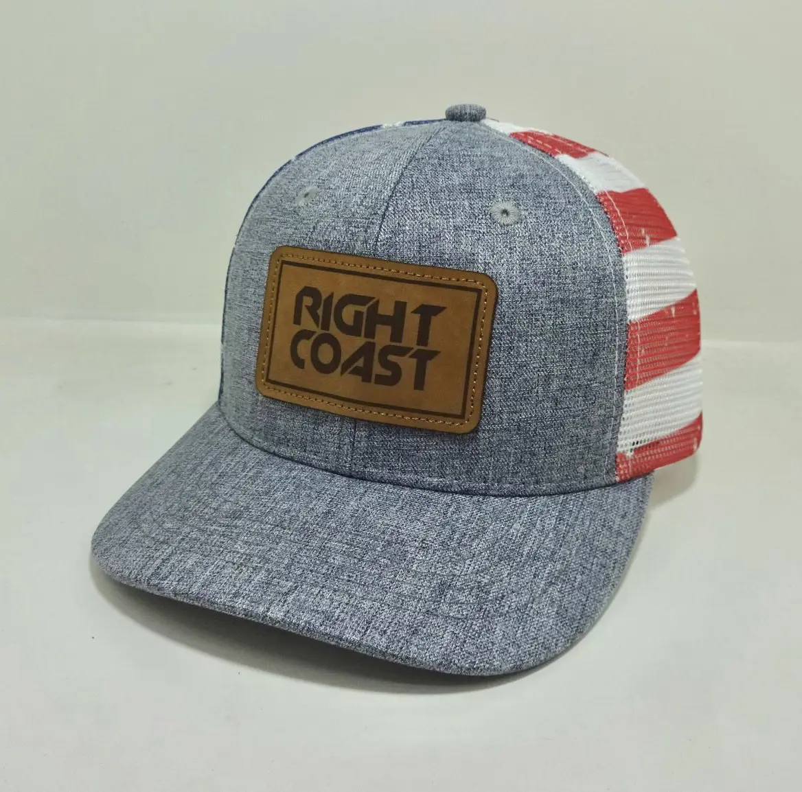 Structured Leather logo 6-Panel High Quality Grey Color Medium Profile Cotton and Mesh Fabric Trucker Hat in Vietnam Factory 2