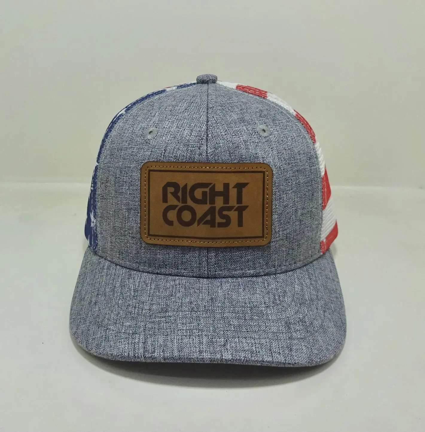 Structured Leather logo 6-Panel High Quality Grey Color Medium Profile Cotton and Mesh Fabric Trucker Hat in Vietnam Factory 1