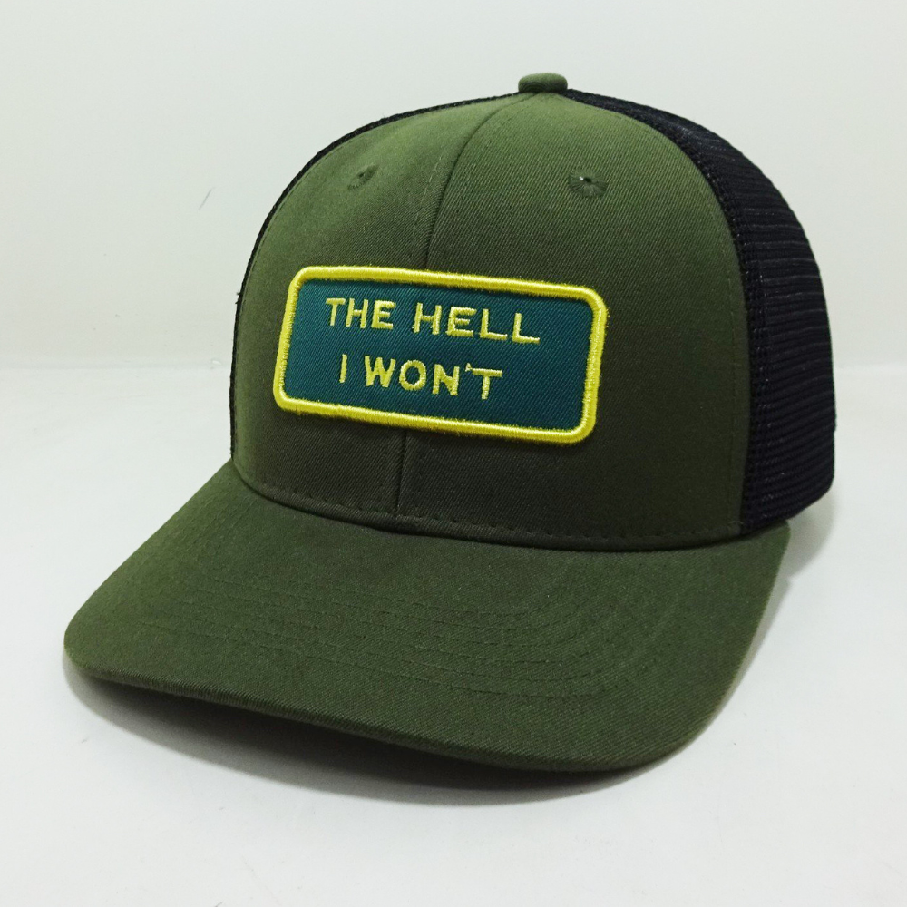 Structured Trucker Hats 6 Panel Woven/Embroidered Logo Patch On Front And Left Side Loden/Black Curved Brim Breathable Mesh OEM 2