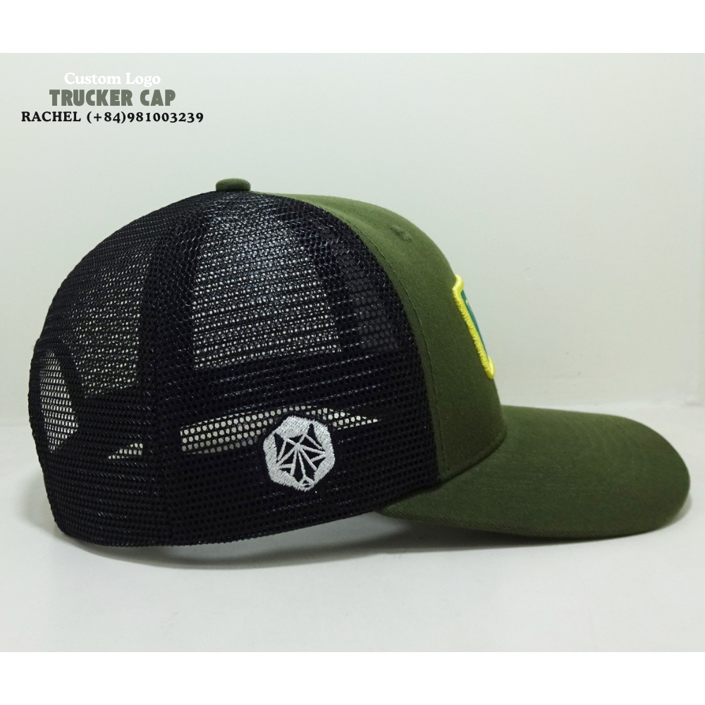 Structured Trucker Hats 6 Panel Woven/Embroidered Logo Patch On Front And Left Side Loden/Black Curved Brim Breathable Mesh OEM 4