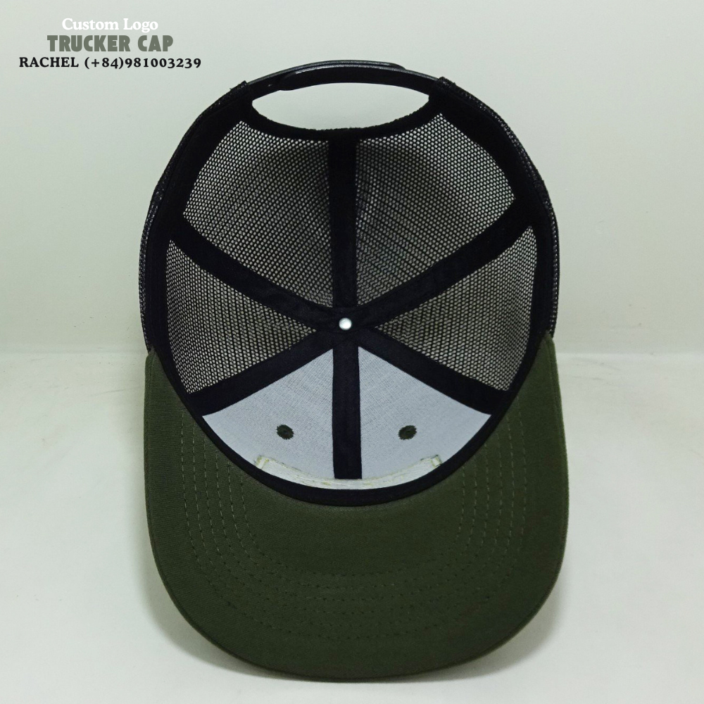 Structured Trucker Hats 6 Panel Woven/Embroidered Logo Patch On Front And Left Side Loden/Black Curved Brim Breathable Mesh OEM 6