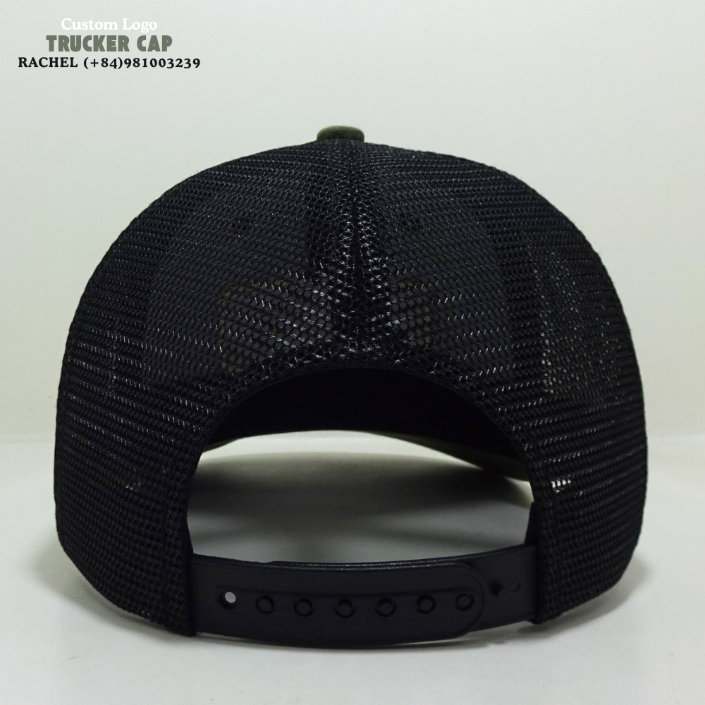 Structured Trucker Hats 6 Panel Woven/Embroidered Logo Patch On Front And Left Side Loden/Black Curved Brim Breathable Mesh OEM 5