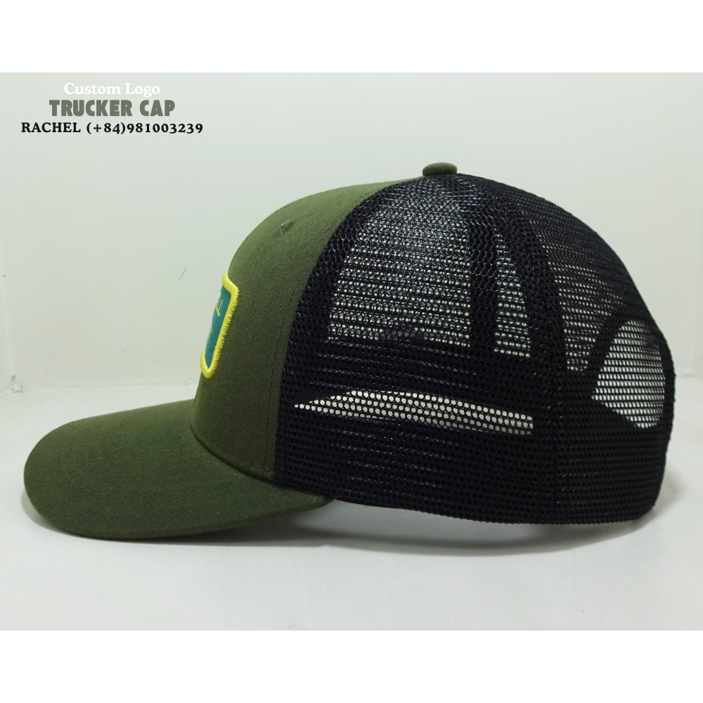 Structured Trucker Hats 6 Panel Woven/Embroidered Logo Patch On Front And Left Side Loden/Black Curved Brim Breathable Mesh OEM 3
