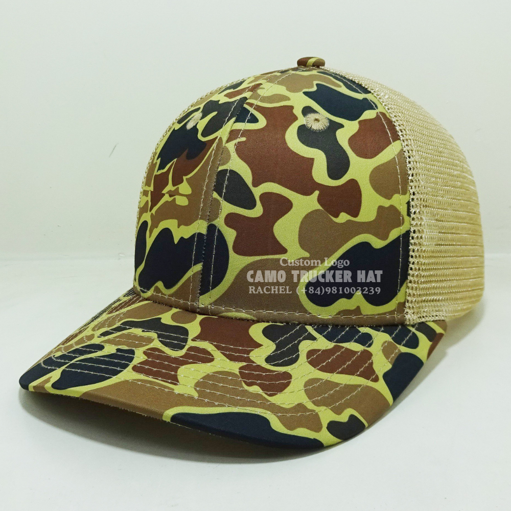 Trendy Camouflage Trucker Hats 6 Panel Slightly Curved Brim Breathable Mesh Adjustable Snapback Closure Vietnam Headwear Hiking 3