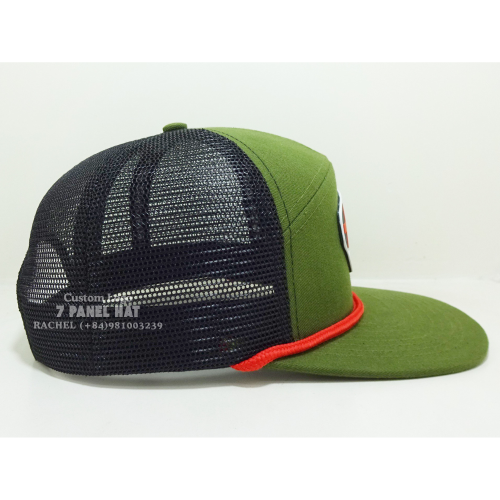 Trendy PVC Rubber Logo Patch Trucker Rope Hats 7 Panel Flat Brim Printed Inner Tapes Adjustable Snapback Vietnam Headwear Unisex 5