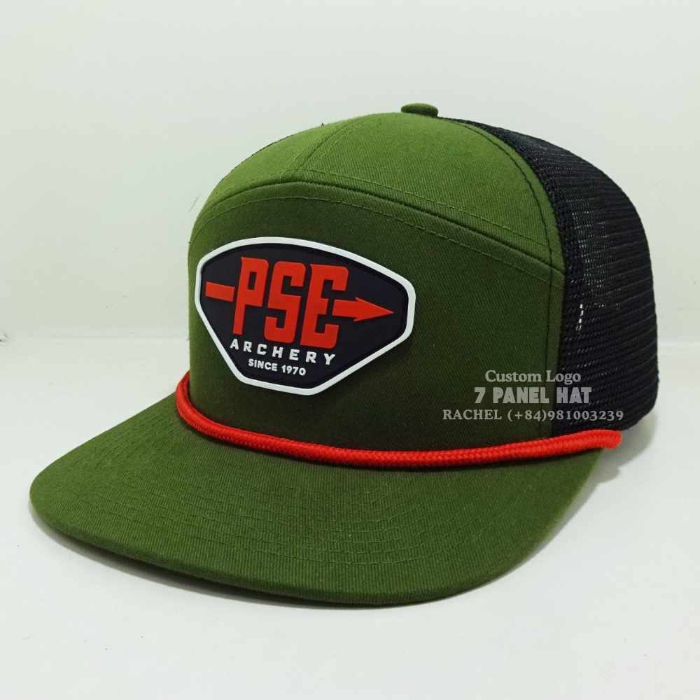 Trendy PVC Rubber Logo Patch Trucker Rope Hats 7 Panel Flat Brim Printed Inner Tapes Adjustable Snapback Vietnam Headwear Unisex 3