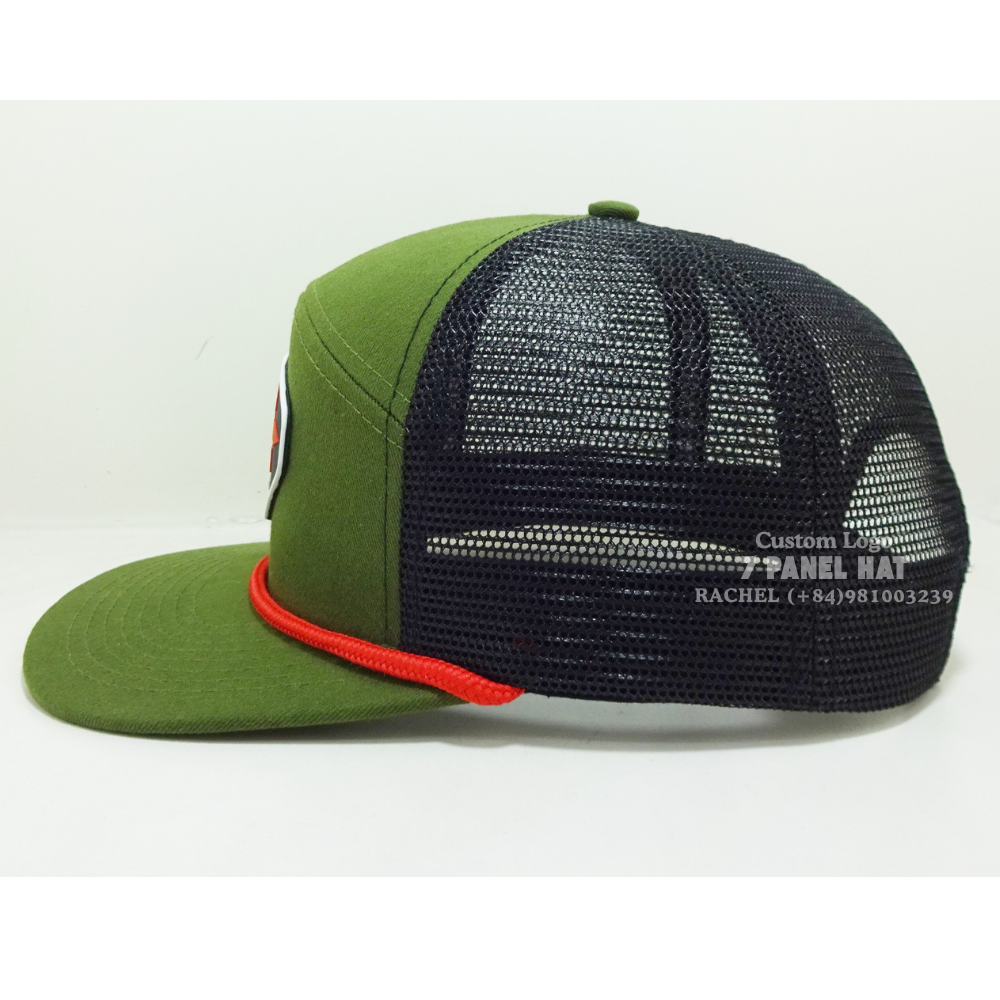 Trendy PVC Rubber Logo Patch Trucker Rope Hats 7 Panel Flat Brim Printed Inner Tapes Adjustable Snapback Vietnam Headwear Unisex 4